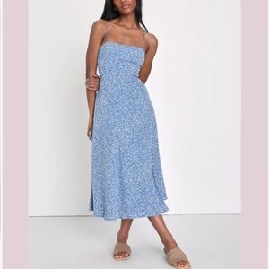 Reformation Peach Crepe Marie Blue Floral Print Midi Dress